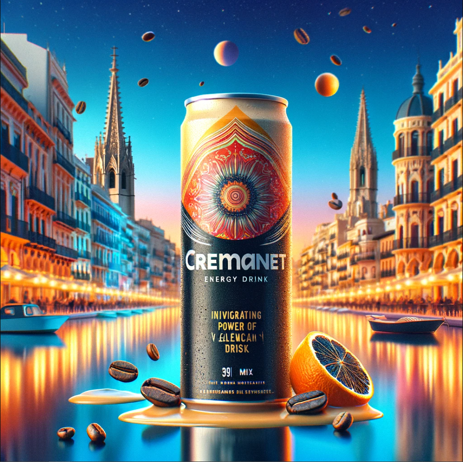 DALL·E 2024-02-08 17.04.36 - Imagine an advertisement for a unique energy drink named 'Cremanet', capturing the essence of the traditional Valencian drink, Cremaet, with a modern twist